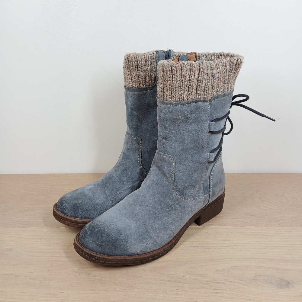 Comfortiva Suede Mid Calf Boots Women 9 Blue Knit Cuff Lace Up Back Zipper